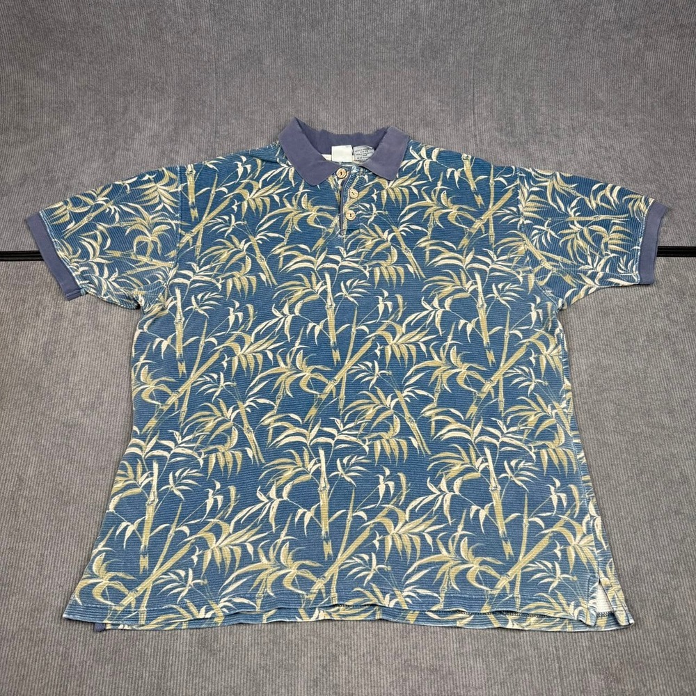 OP Ocean Pacific Mens Blue Bamboo Leaf Print Cotton Polo Shirt Y2k Large SS